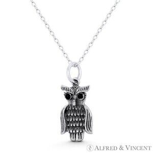 Perched Owl Bird Animal Charm & Black CZ Crystal in Oxidized 925 Sterling Silver